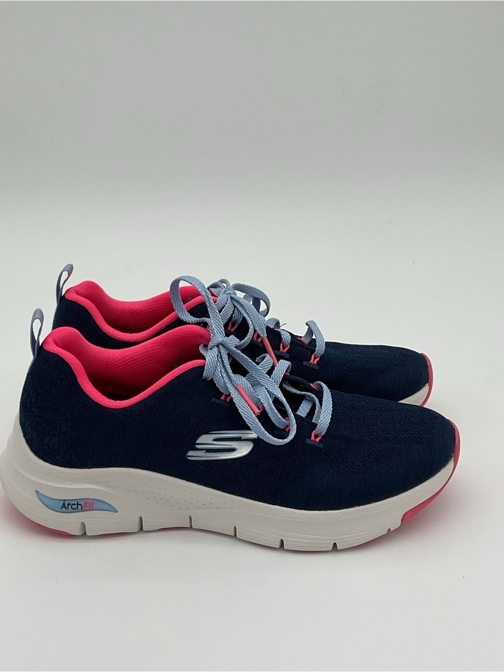 Skechers Arch Fit Navy Athletic Sneakers with Pink Accents